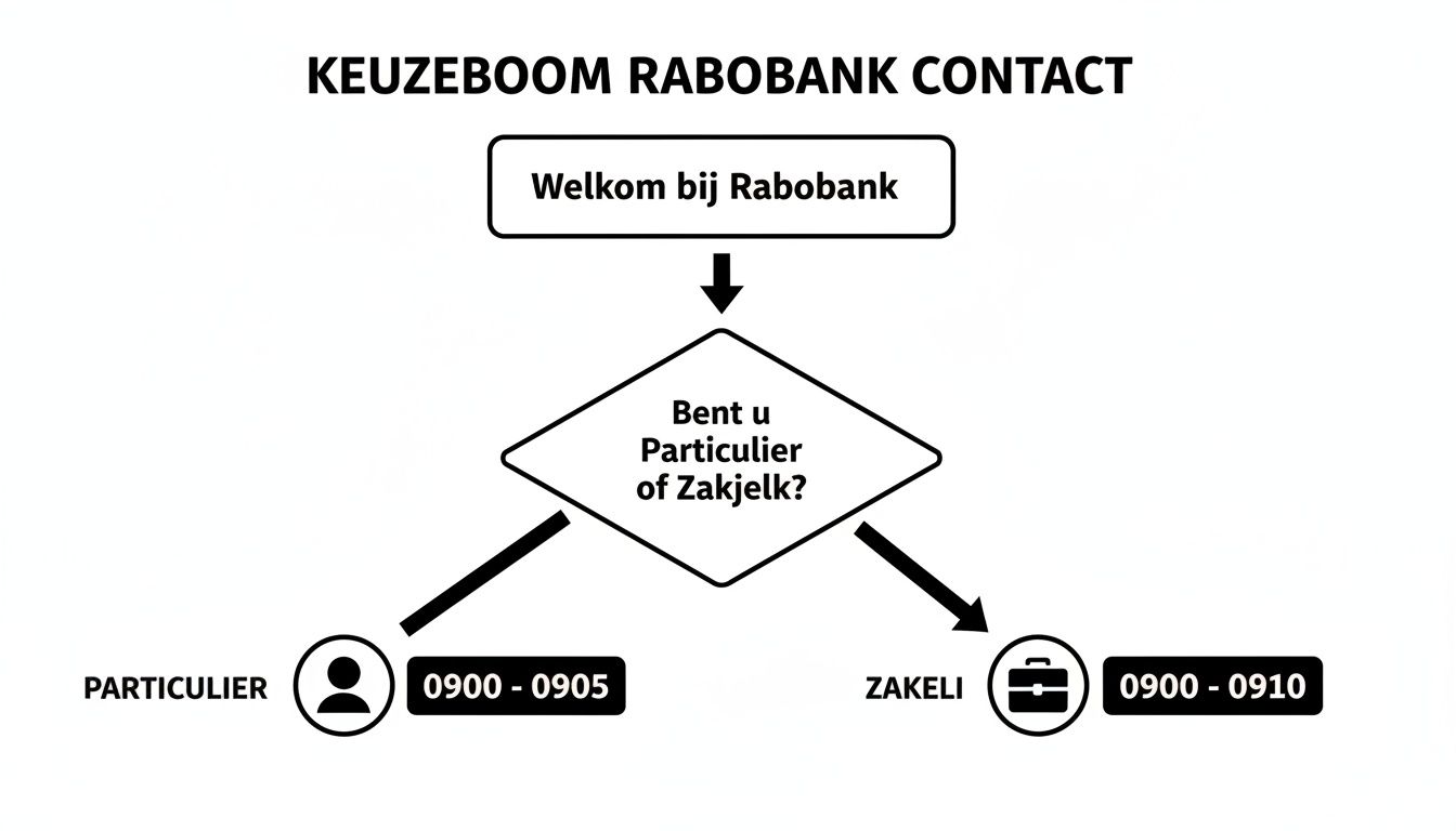 Stroomschema voor Rabobank contact met keuzes voor particuliere of zakelijke klanten en hun respectievelijke telefoonnummers.