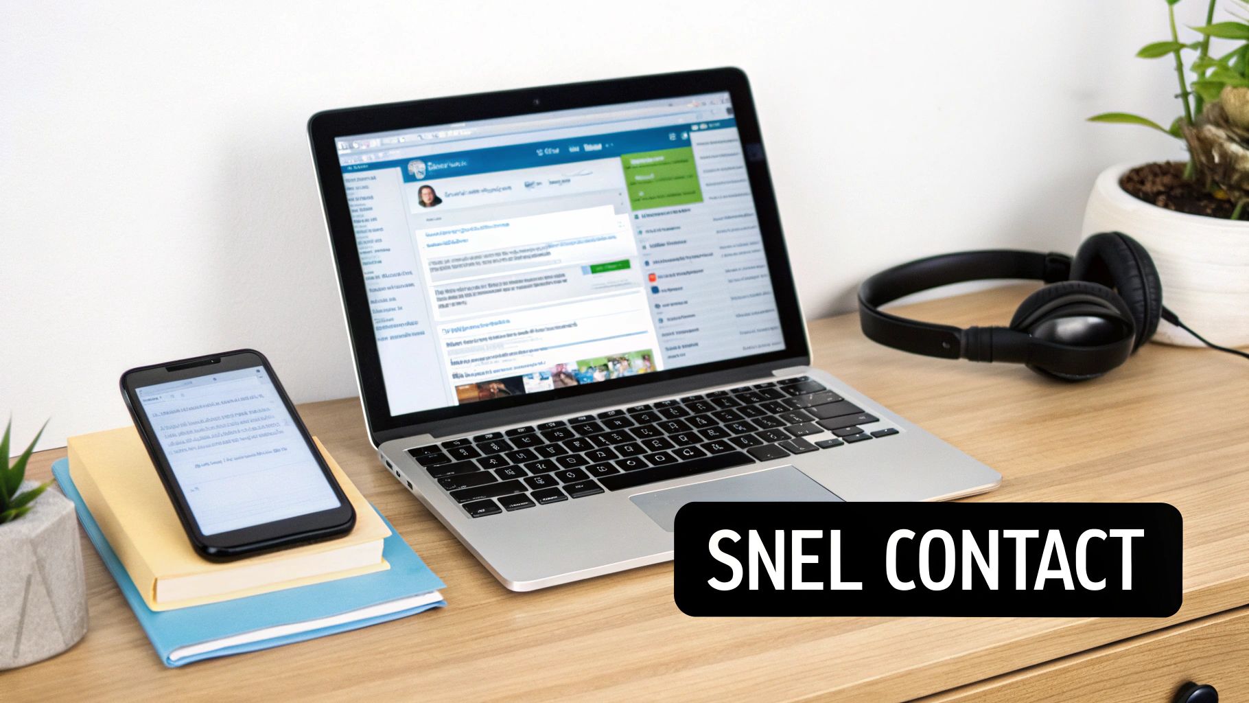 Laptop met website, smartphone op boeken, koptelefoon en plant op een houten bureau. Met tekst 'SNEL CONTACT'.