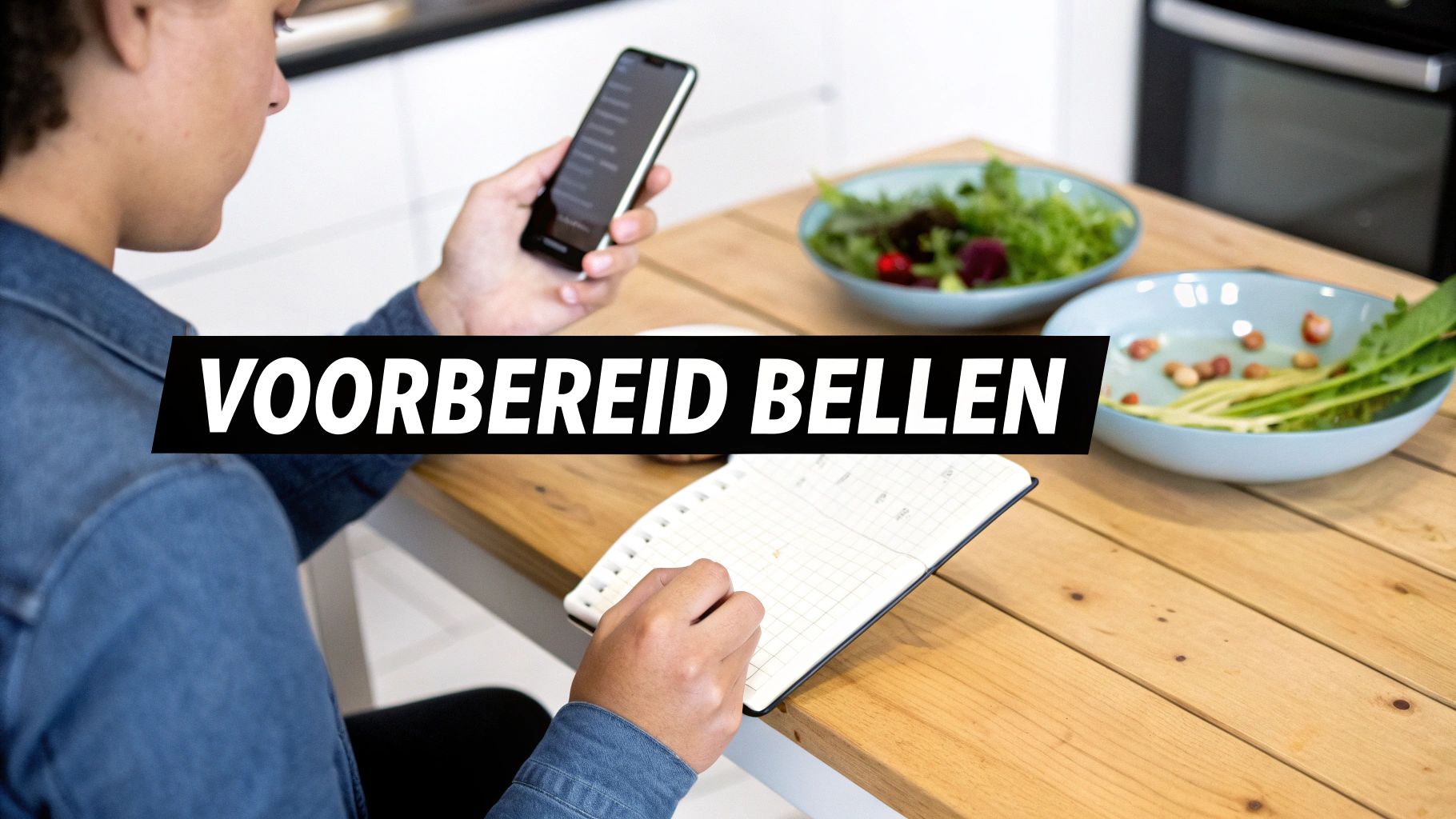 De persoon zit aan tafel, kijkt op een smartphone en maakt aantekeningen in een notitieboekje. Schalen met voedsel staan op tafel.