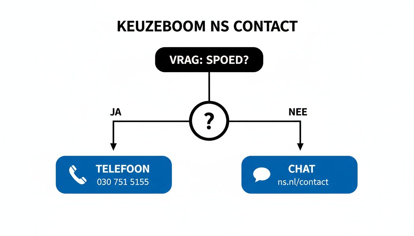 Stroomdiagram NS contact: kies tussen telefoon (030 751 5155) en chat (ns.nl/contact) op basis van spoed.