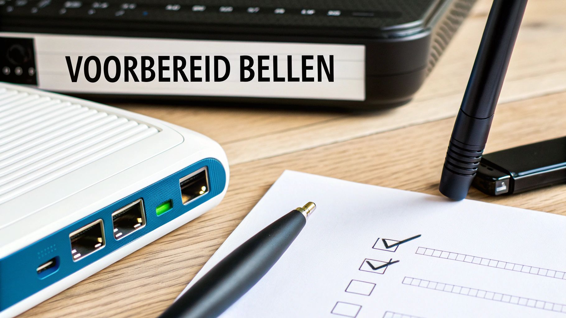 Een bureau met een router, pen, checklist en een label met 'VOORBEREID BELLEN' op een apparaat.