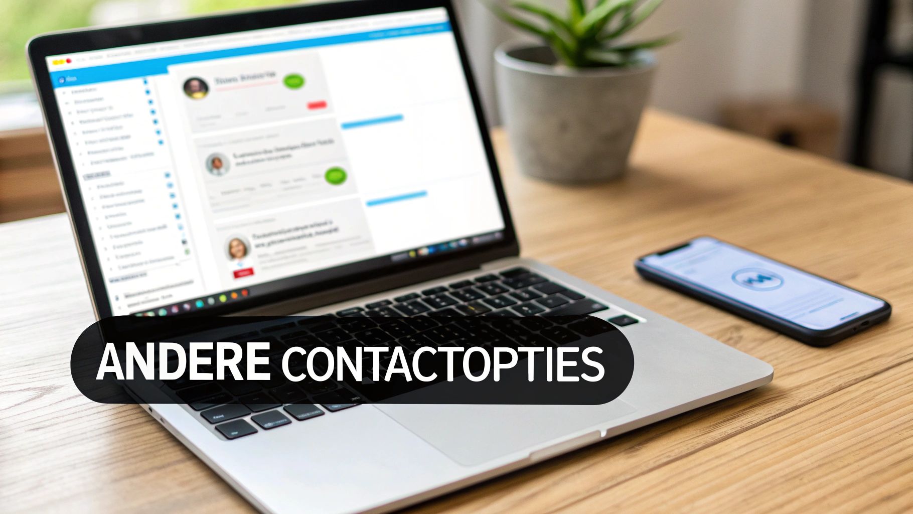 Laptop op een houten tafel toont contactopties, met een smartphone ernaast, en de tekst 'ANDERE CONTACTOPTIES'.