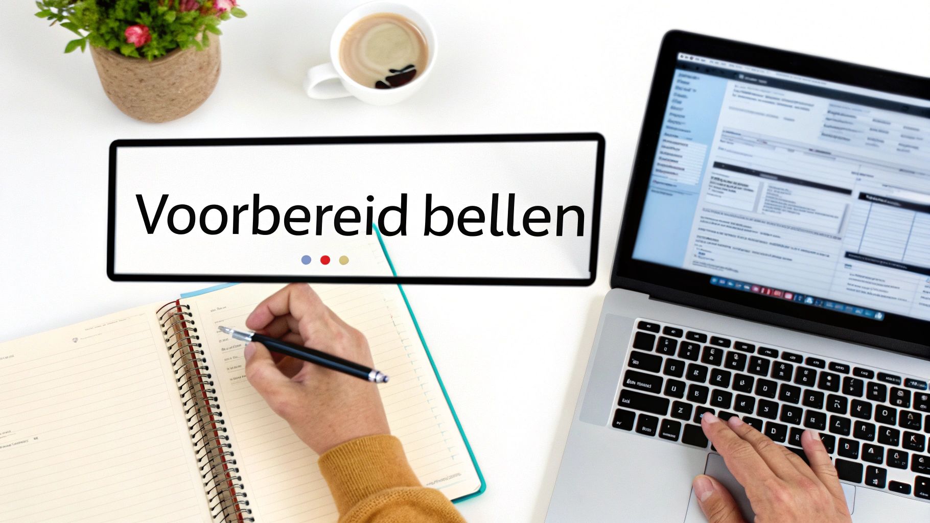 Een bovenaanzicht van een bureau met een persoon die notities maakt, een laptop, koffie en een plant. De tekst 'Voorbereid bellen' is zichtbaar.