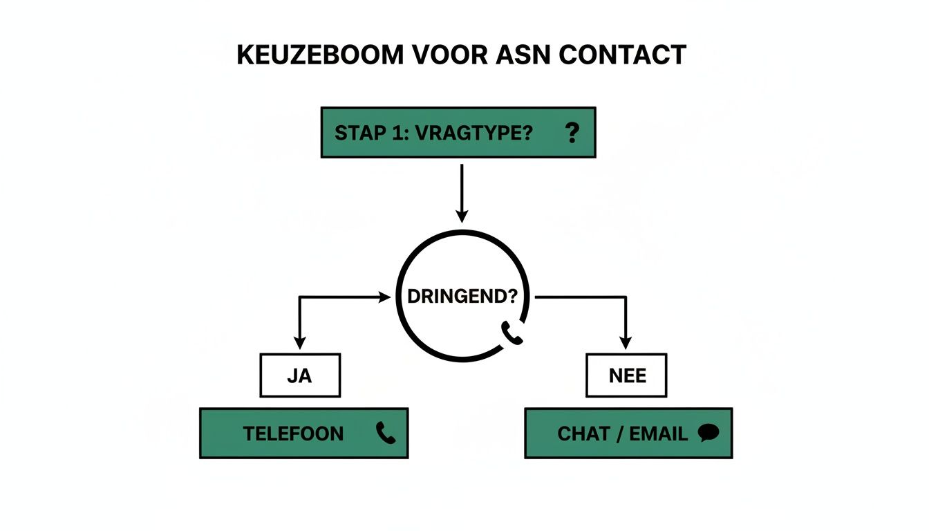 Flowchart voor ASN contact, startend met het vraagtype, vervolgens de urgentie, leidend naar telefoon of chat/e-mail.