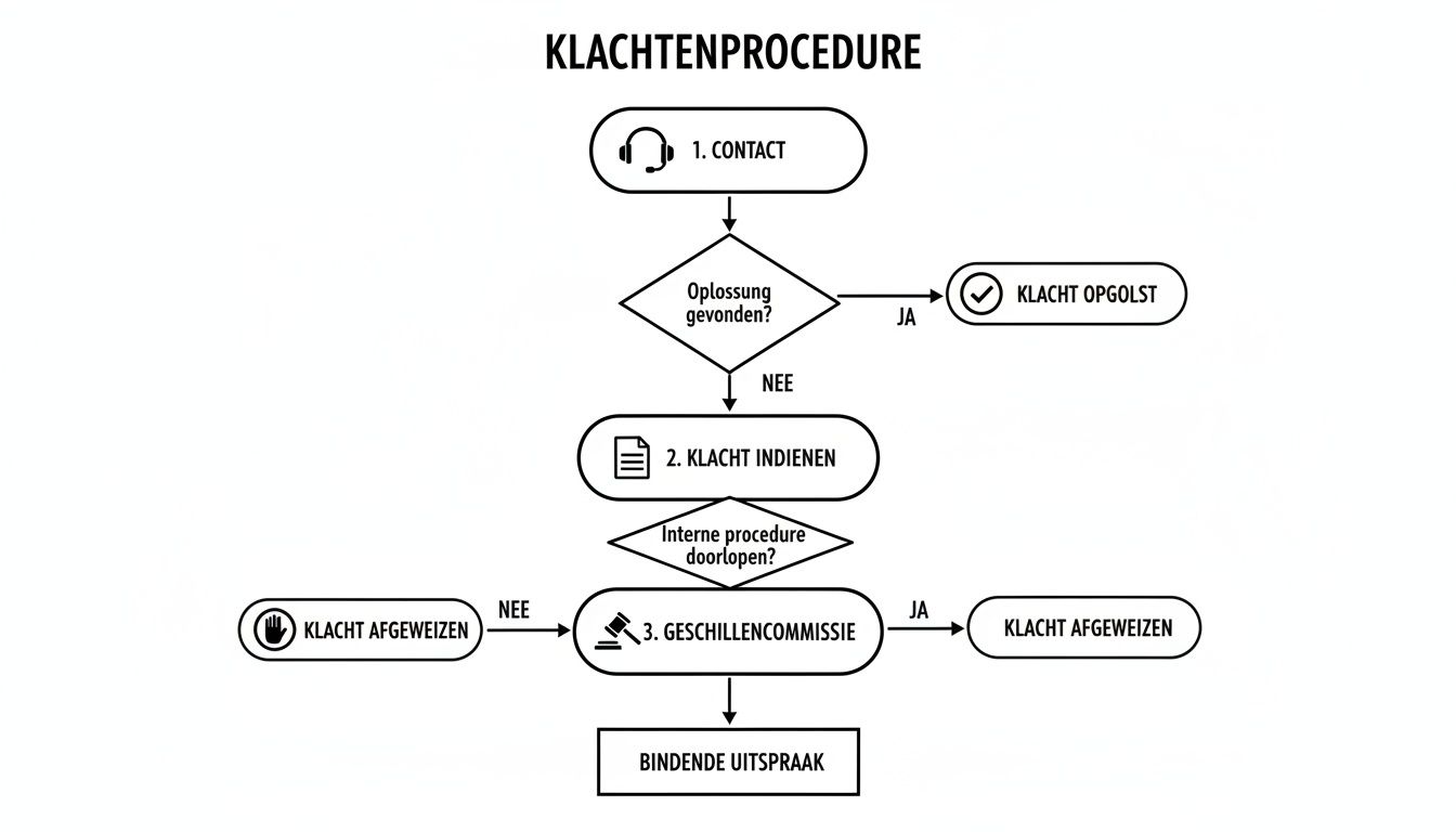 Stroomdiagram van de klachtenprocedure, beginnend met contact, oplossing en verdere stappen.