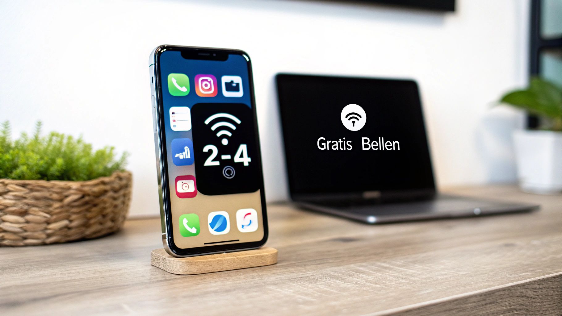 Een iPhone op een standaard naast een laptop met 'Gratis Bellen' en Wi-Fi iconen, wat duidt op communicatie.