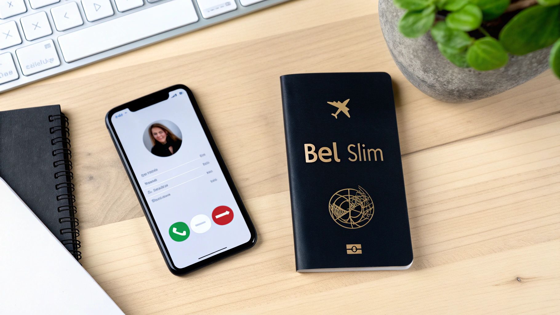 Een persoon die aantekeningen maakt in een notitieboek, met een laptop en een kop koffie op tafel, ter voorbereiding op een telefoongesprek.