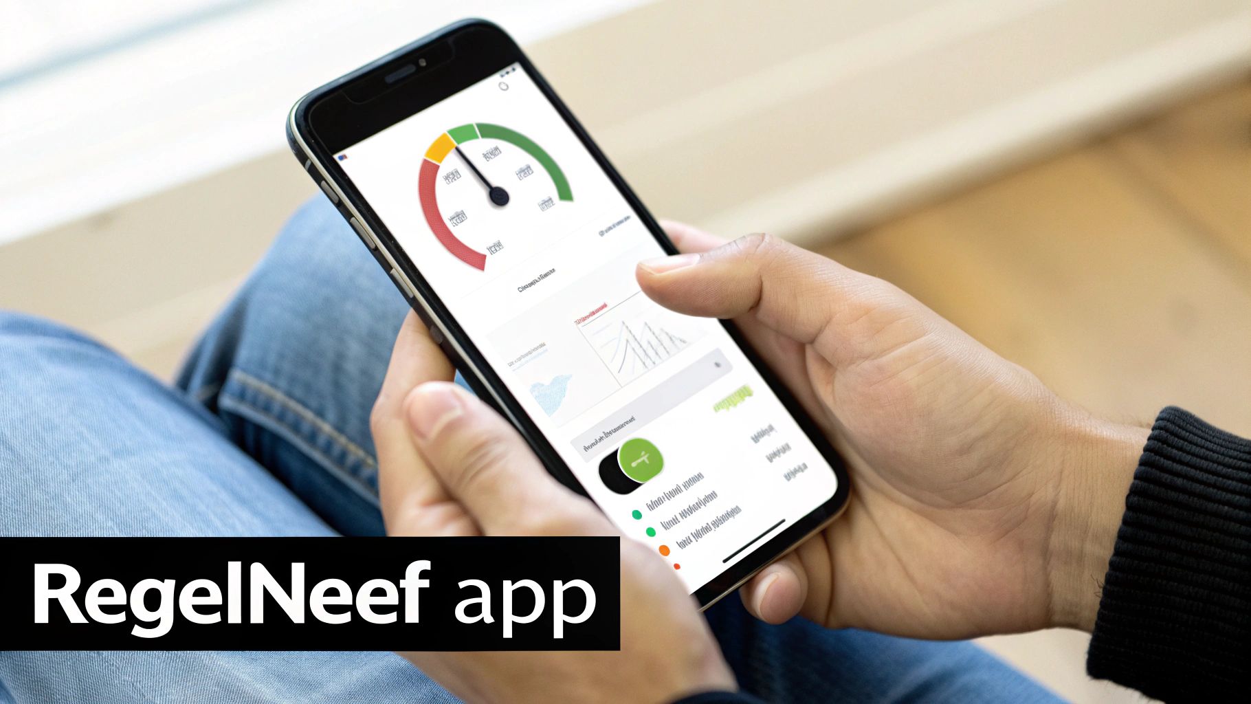 Een persoon houdt een smartphone vast met de 'RegelNeef' app, die een metergrafiek en gegevens toont.