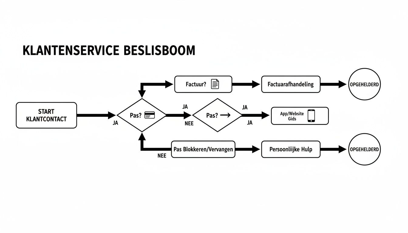 Gedetailleerde beslisboom voor de afhandeling van klantenservicevragen over pas, factuur en hulp.