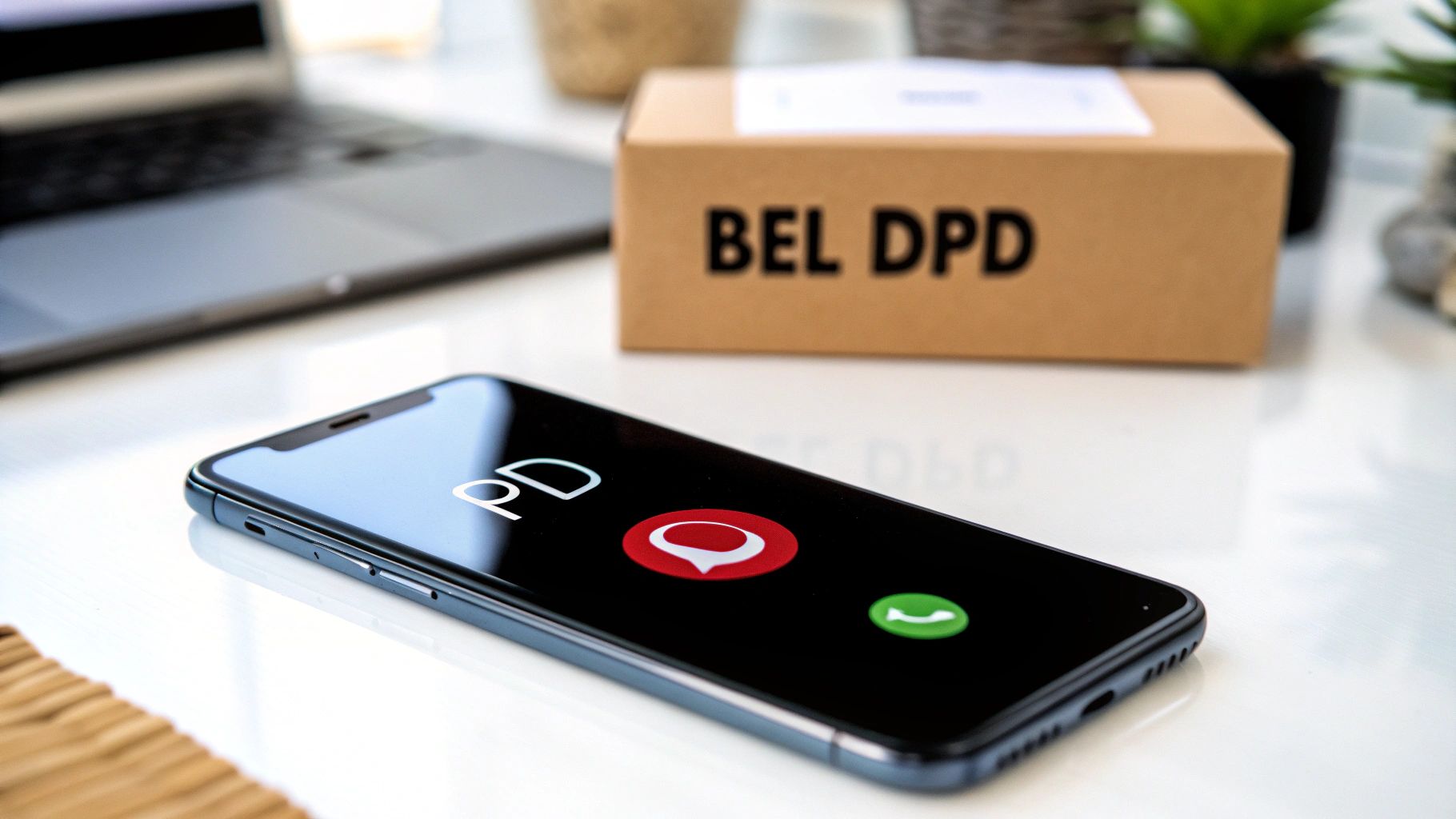 Een smartphone toont een inkomende oproep van DPD, met een bezorgpakket en laptop op een bureau.