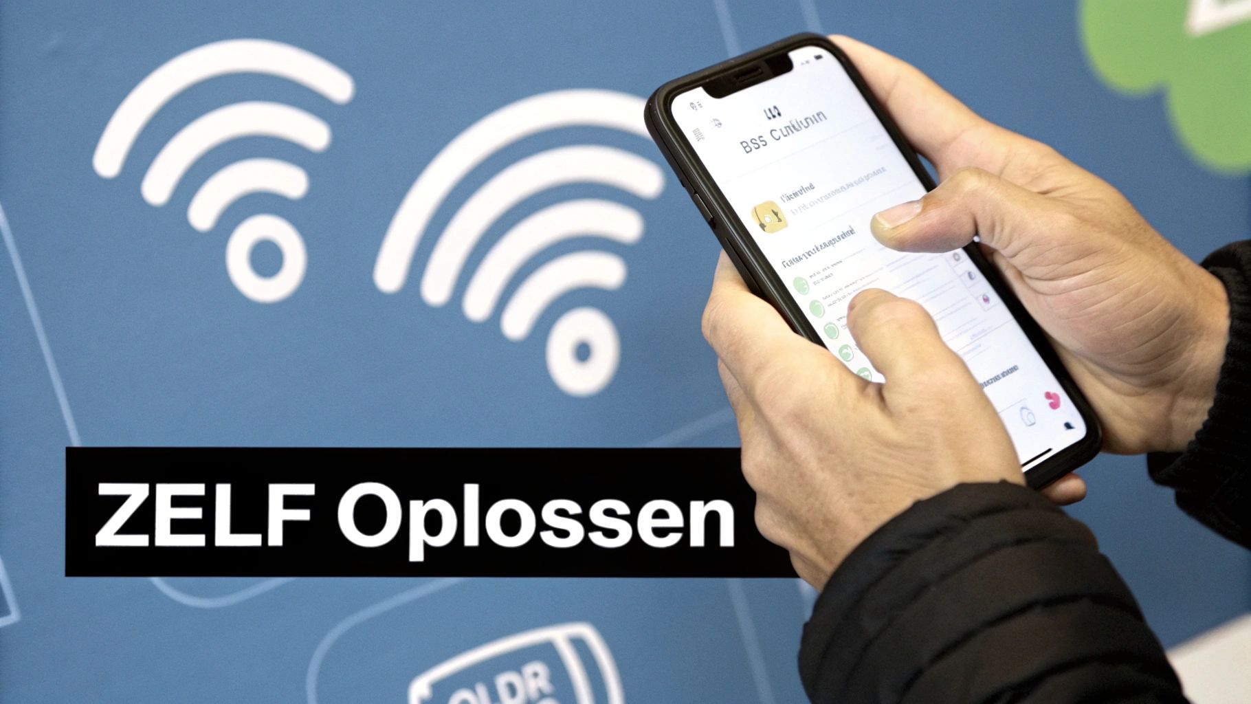 Een persoon gebruikt een smartphone-app voor zelfhulp op een achtergrond met Wi-Fi-symbolen en de tekst 'ZELF Oplossen'.