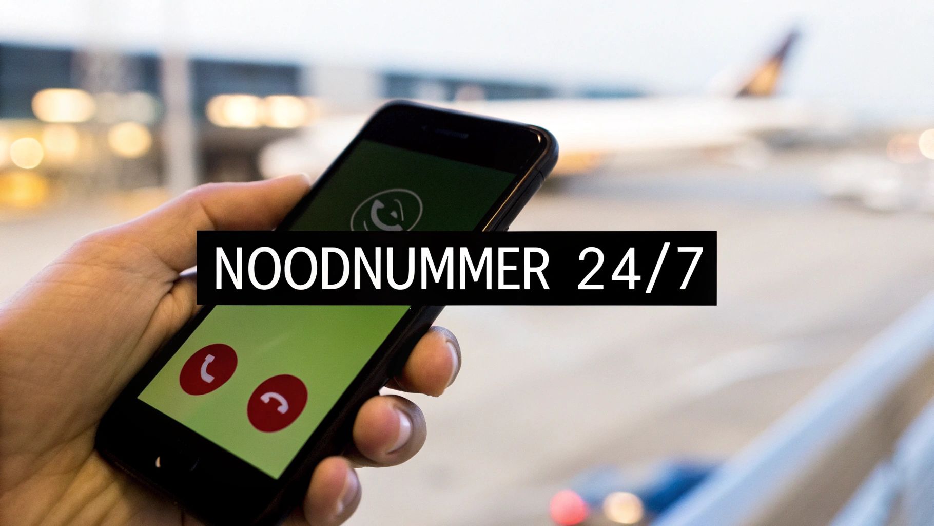 Hand houdt smartphone vast met een groen scherm en de tekst 'NOODNUMMER 24/7' op een banner, met een vliegtuig op de achtergrond.
