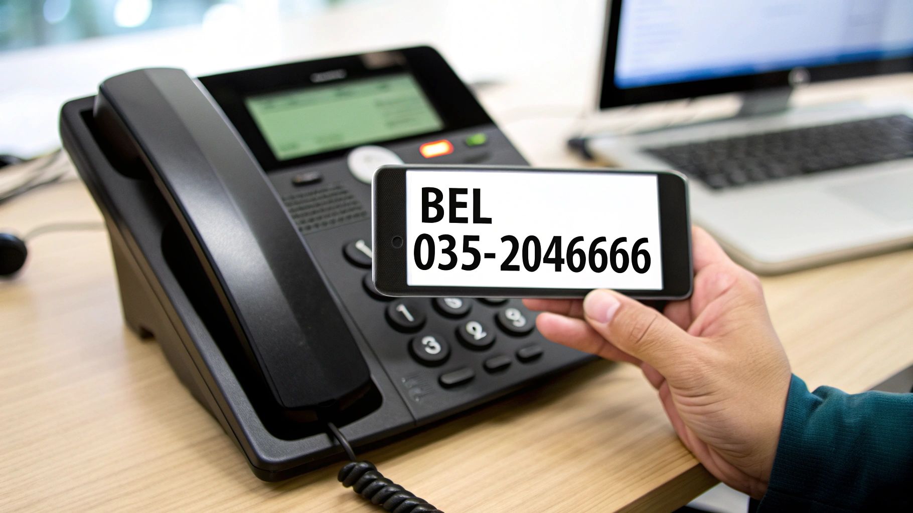 Persoon toont telefoonnummer '035-2046666' op smartphone naast een vast telefoontoestel.