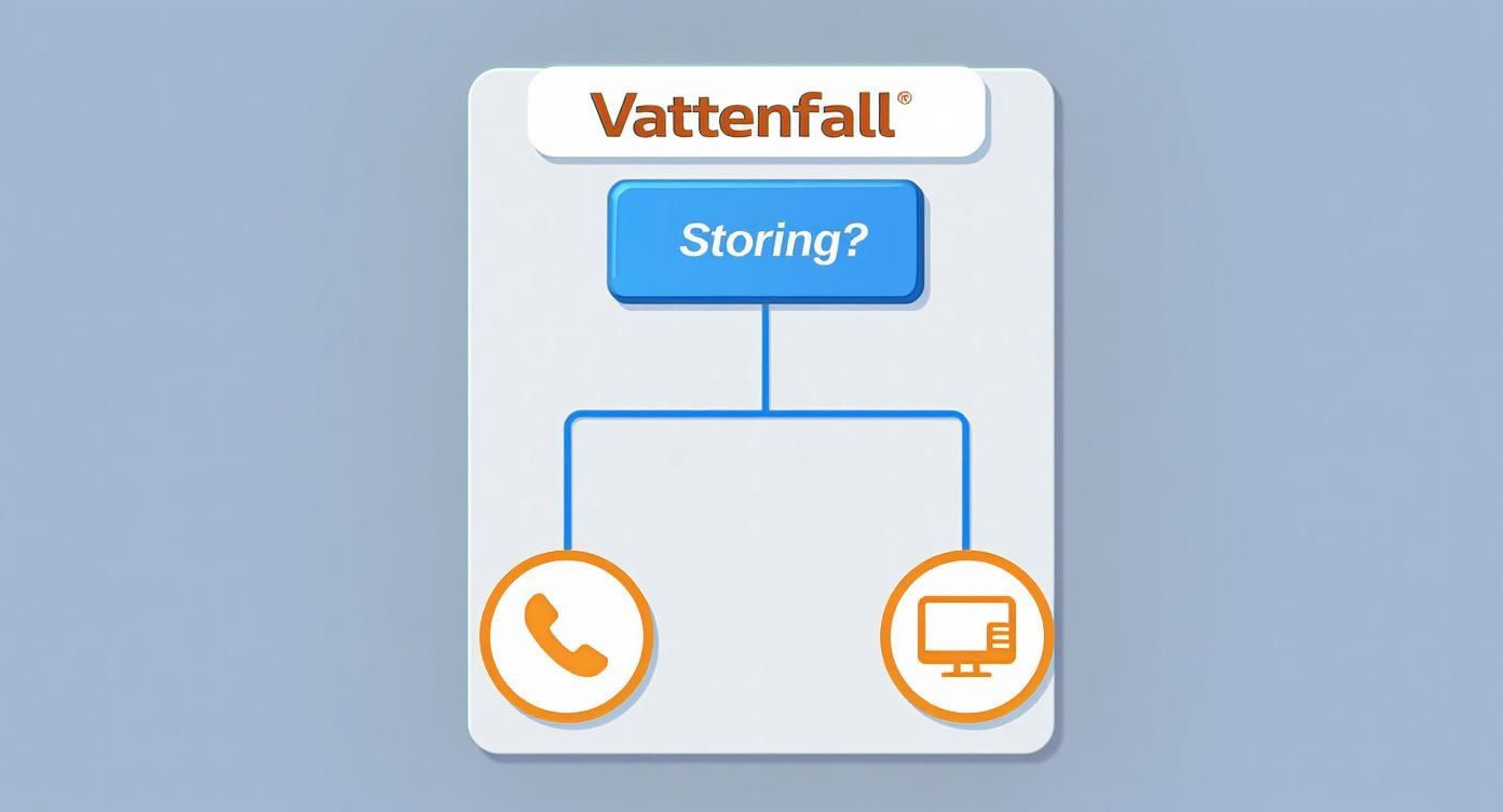 Vattenfall klantenservice flowchart met storing optie en contactmogelijkheden via telefoon of computer