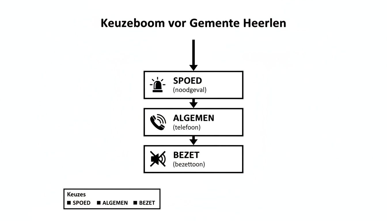 Een stroomschema van de keuzeboom voor Gemeente Heerlen met opties voor spoed, algemeen en bezet.