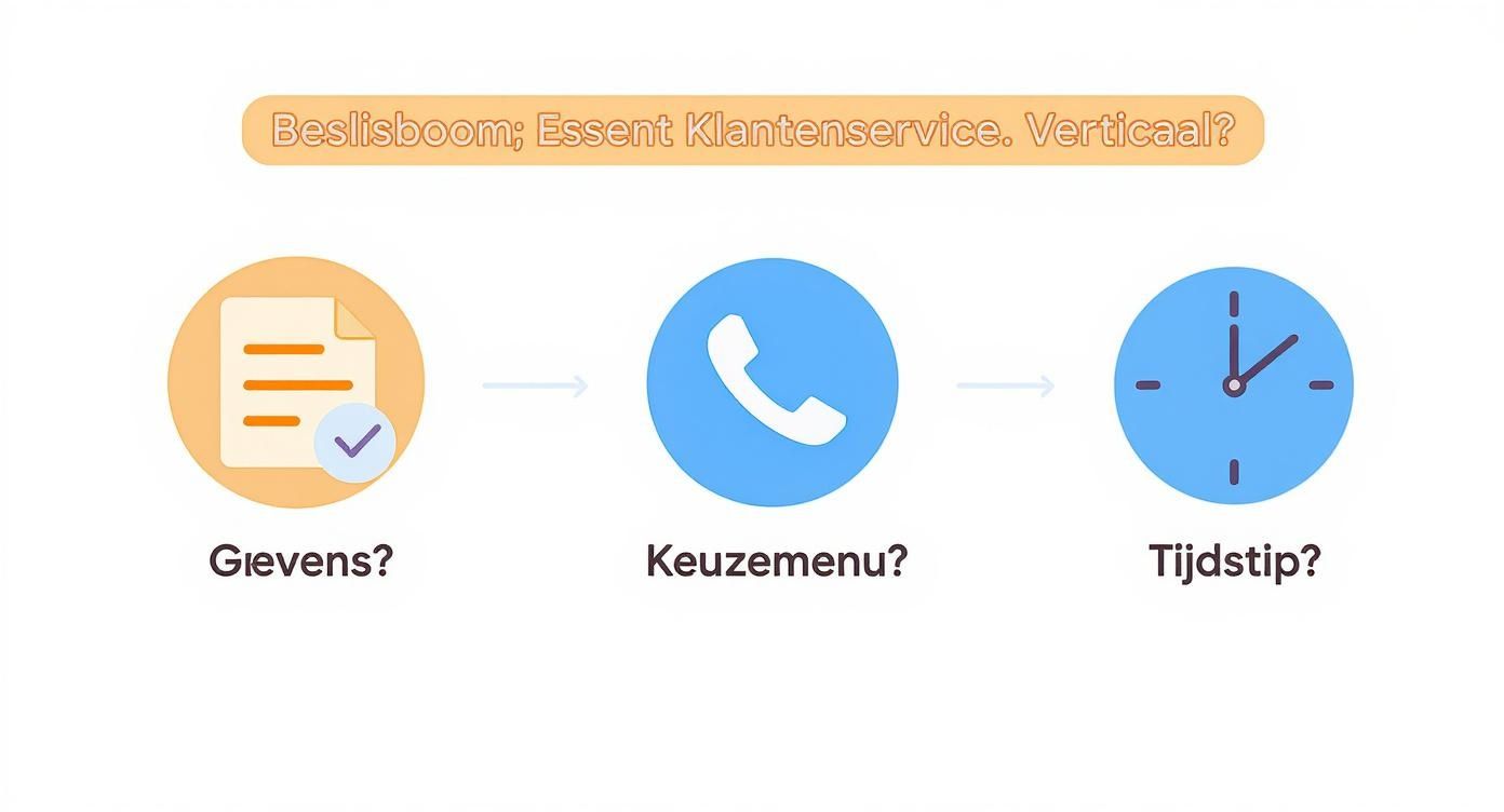 Beslisboom voor Essent Klantenservice, toont stappen voor gegevens, keuzemenu en tijdstip.