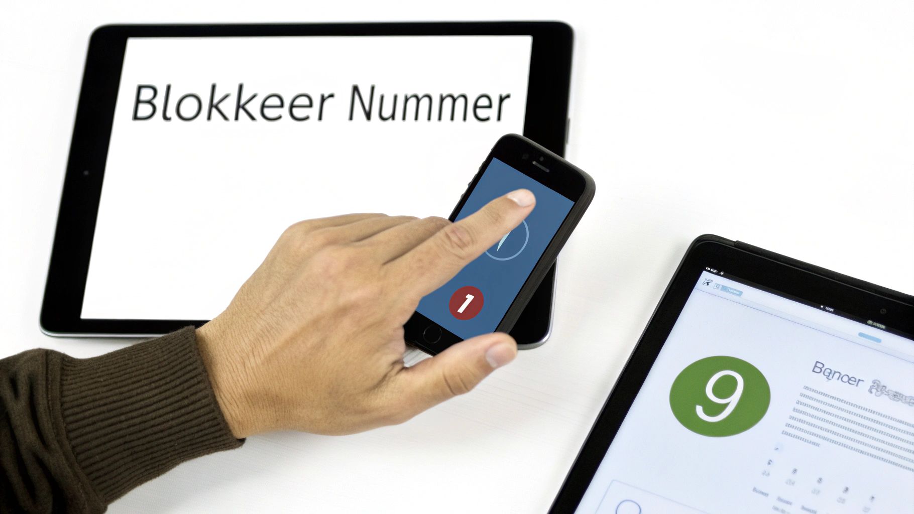 Een rode telefoon met een blokkeersymbool eroverheen, wat het blokkeren van spamoproepen symboliseert.