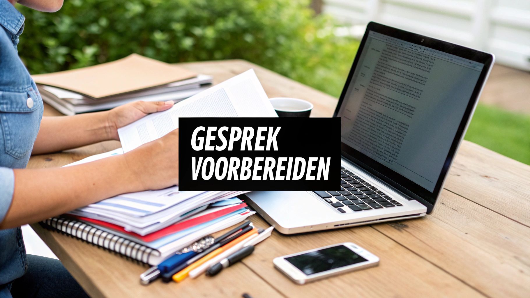 Een persoon die aantekeningen maakt aan een bureau met een laptop en een kop koffie.
