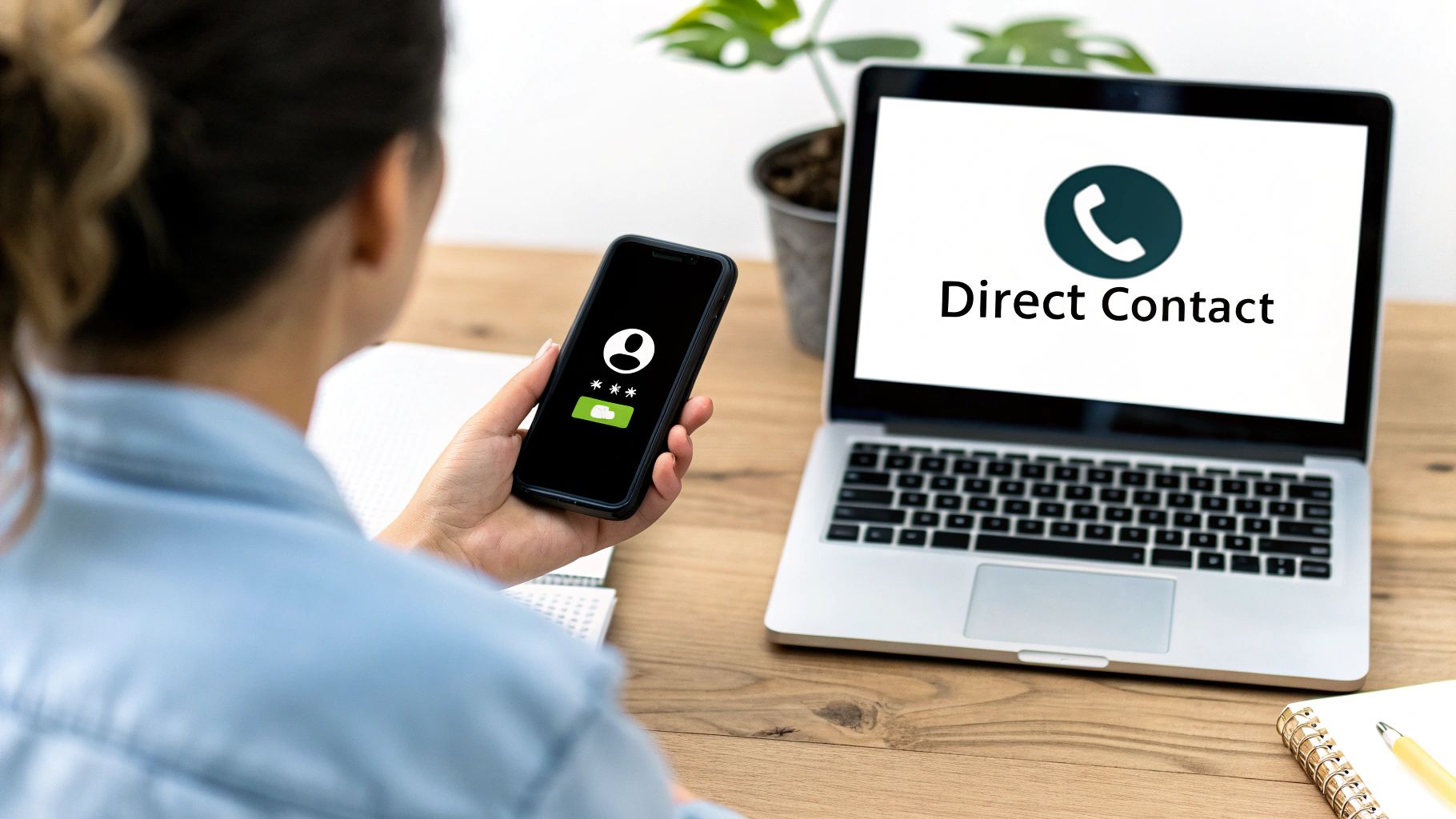 Vrouw gebruikt smartphone en laptop voor direct contact of digitale communicatie via een scherm.