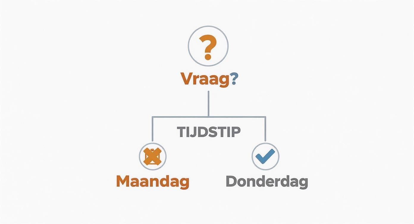 Diagram met vraag boven tijdstip, maandag links met kruis en donderdag rechts met vinkje