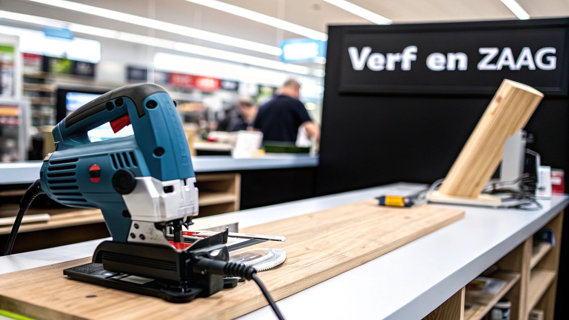 Een blauwe decoupeerzaag ligt op een houten plank in een bouwmarkt, met op de achtergrond een bord met 'Verf en ZAAG'.