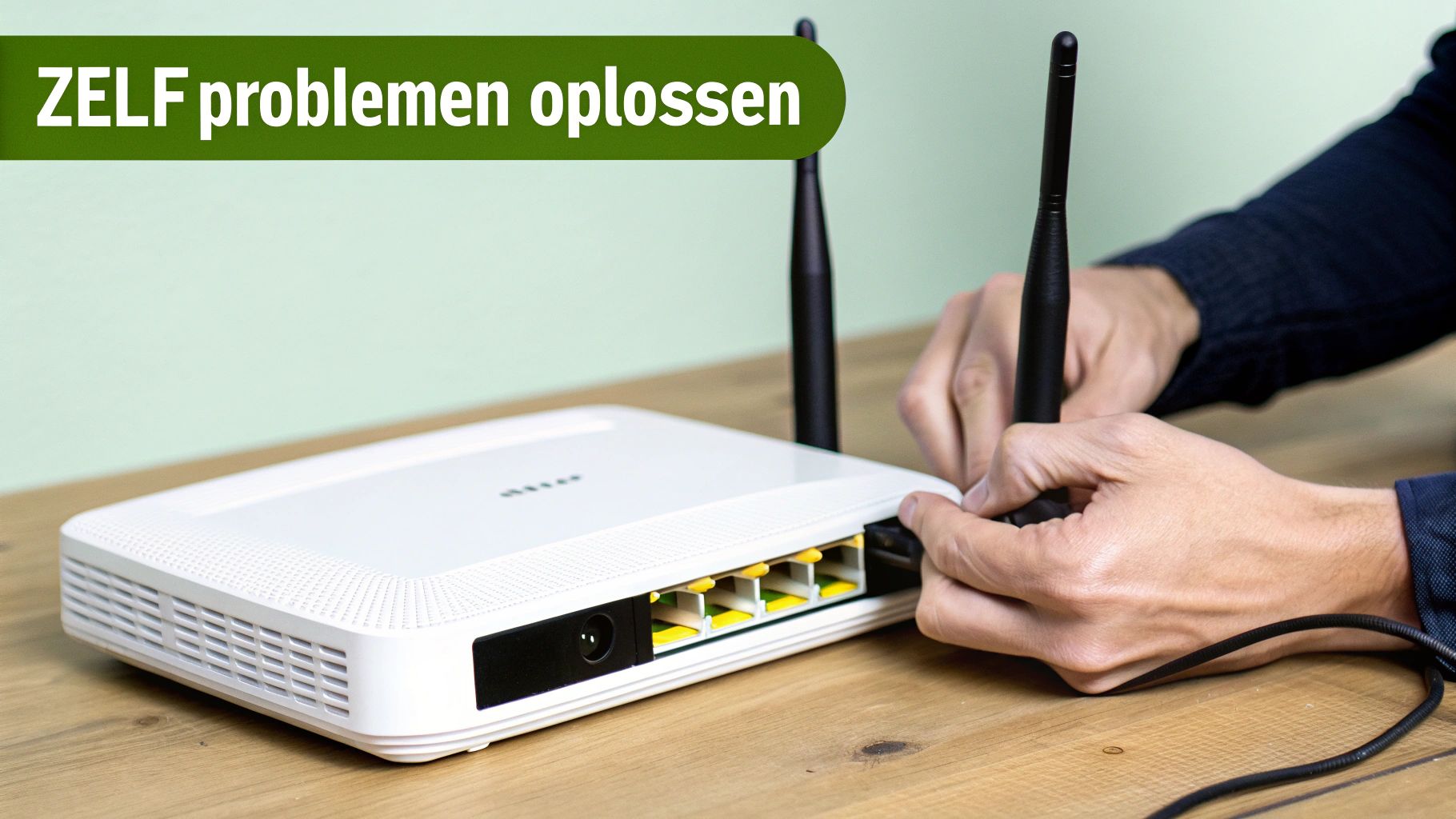 Handen bezig met het installeren en configureren van een witte router met twee antennes