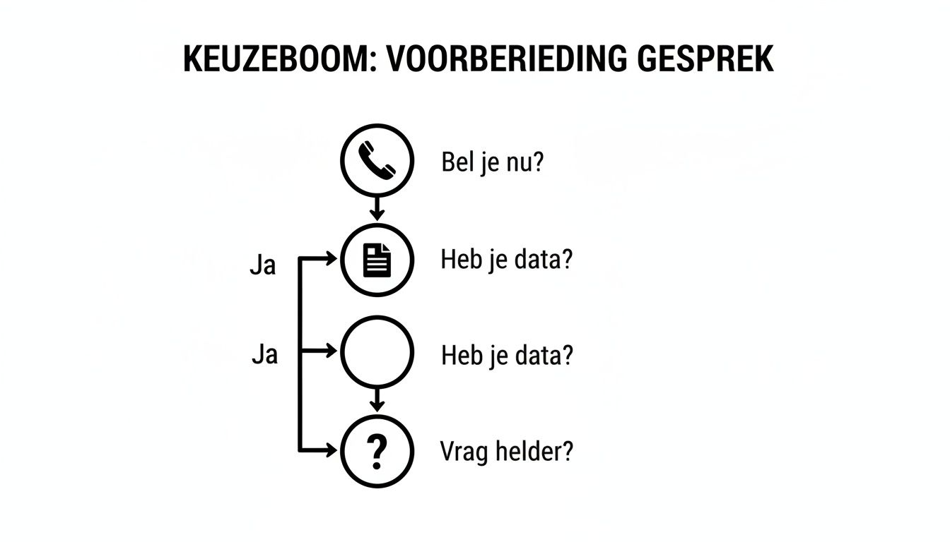 Een stroomdiagram getiteld 'Keuzeboom: Voorbereiding Gesprek' met vragen zoals 'Bel je nu?', 'Heb je data?' en 'Vraag helder?'.