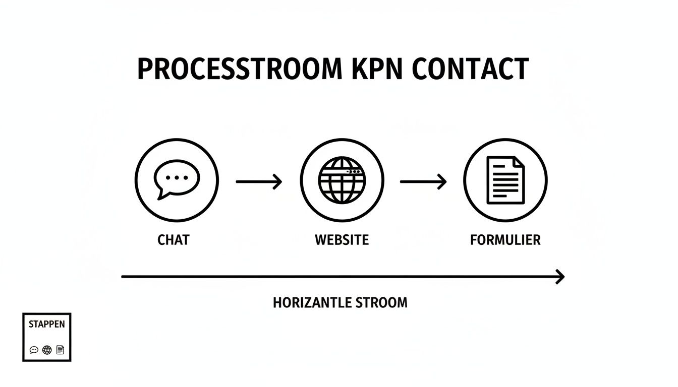 Een diagram toont de KPN contactprocesstroom: van chat naar website en vervolgens naar een formulier, georganiseerd als een horizontale stroom.