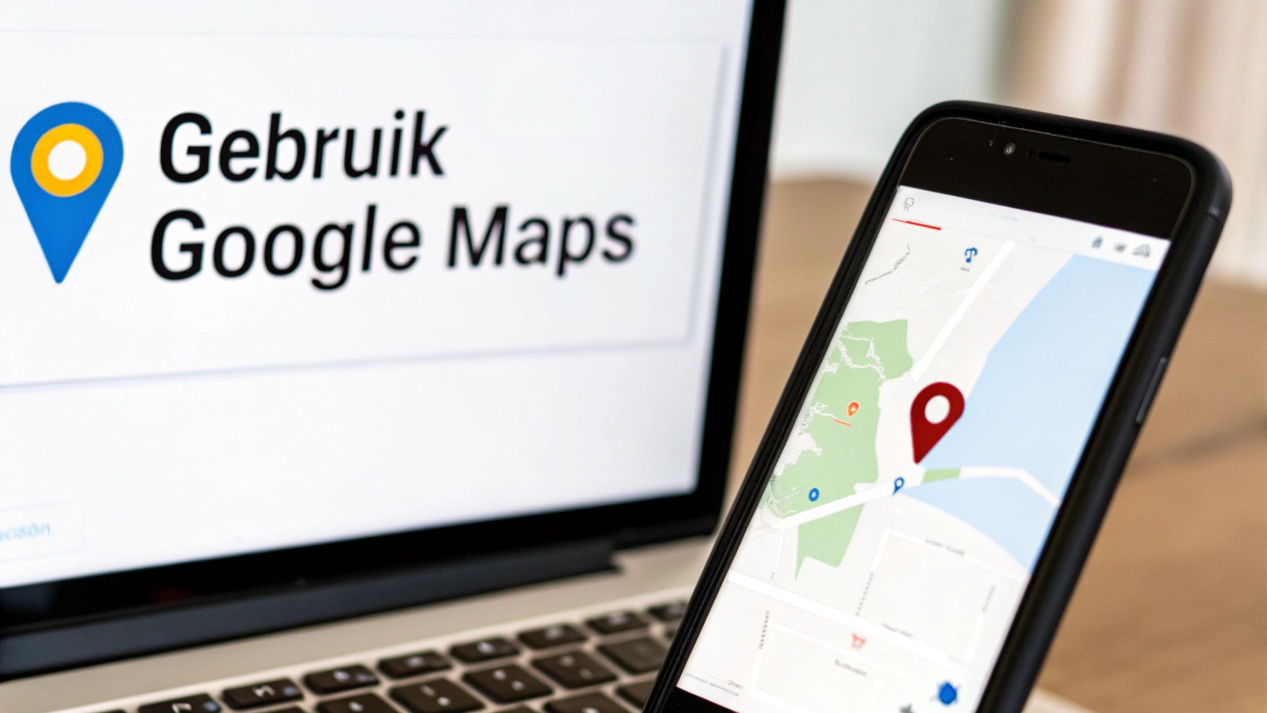 Smartphone met Google Maps navigatie en rode locatiemarker naast laptop met Google Maps logo