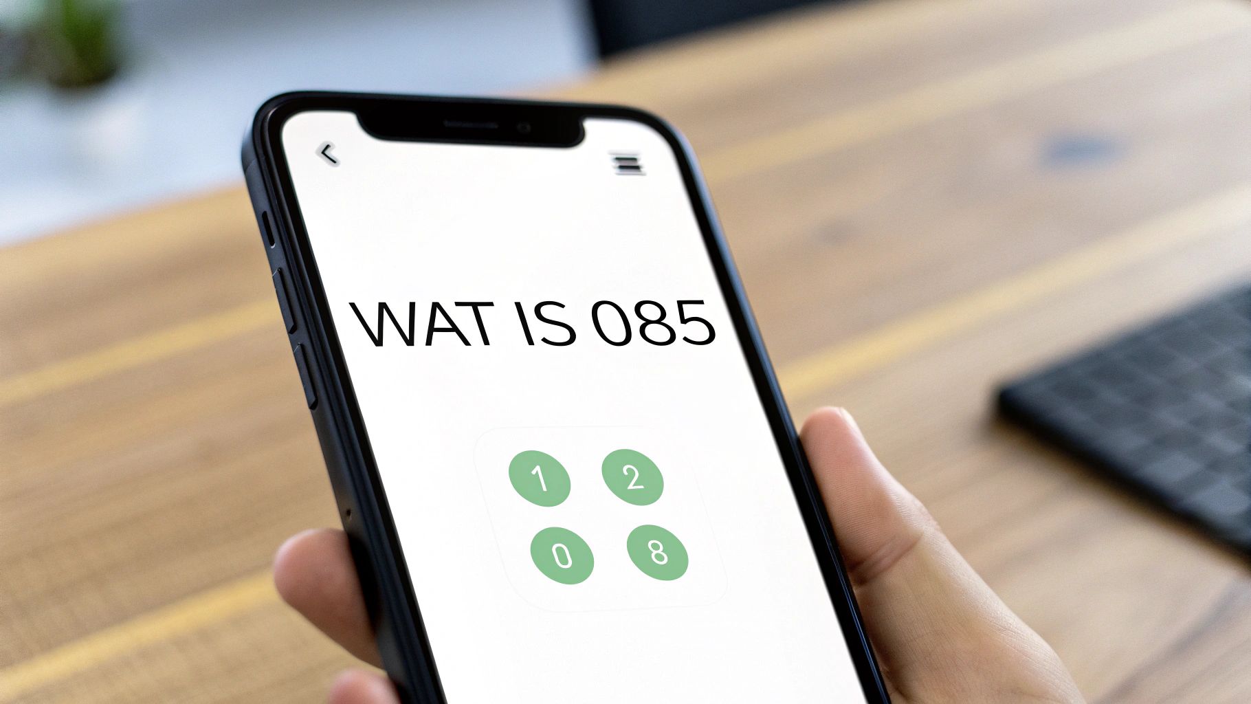 Een persoon die een 085 nummer belt op een smartphone voor klantenservice.