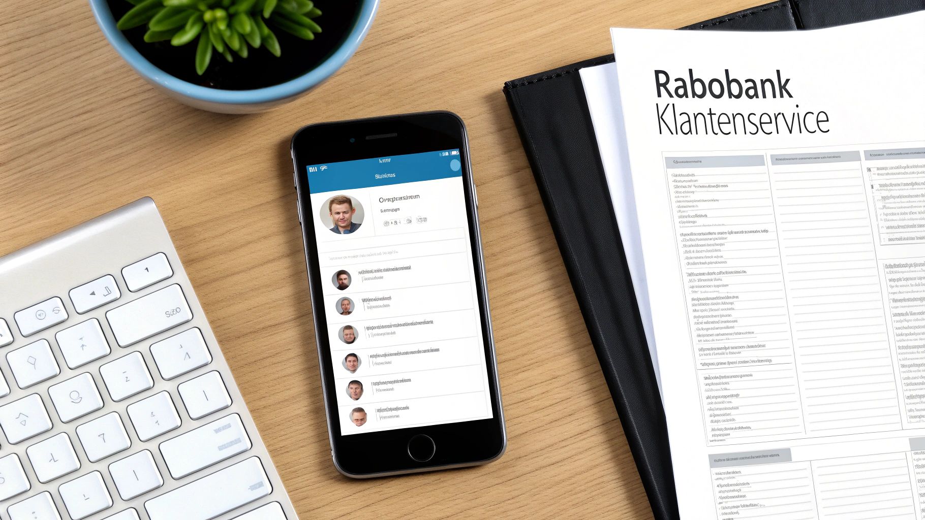 Een smartphone op een houten bureau toont een contactenlijst, naast een toetsenbord en een Rabobank Klantenservice document.