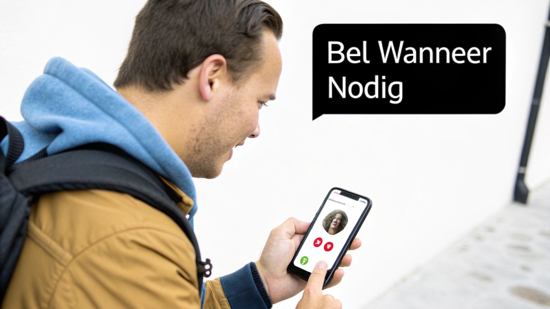 Een reiziger die nadenkt over het bellen van de klantenservice op het vliegveld