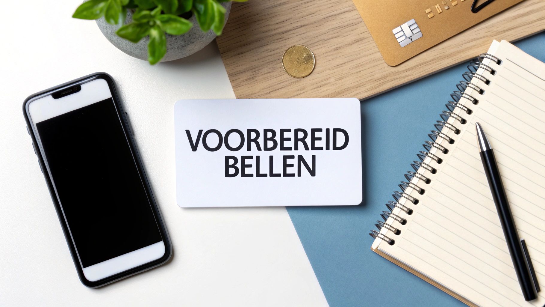 Wit kaartje met tekst 'Voorbereid Bellen' op bureau met telefoon, notitieblok en pen voor klantenservice