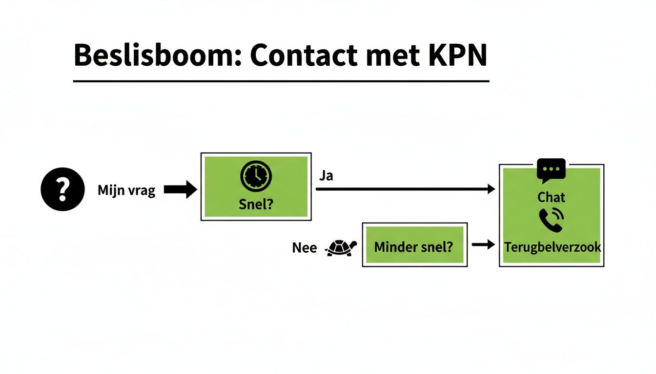 Beslisboom voor KPN contactopties: chat voor snelle vragen, terugbelverzoek voor minder dringende zaken.