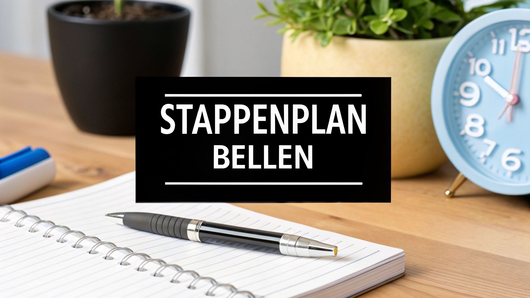 Een bureau met notitieboek, pen, planten en wekker, met tekst 'STAPPENPLAN BELLEN' op een zwarte balk.