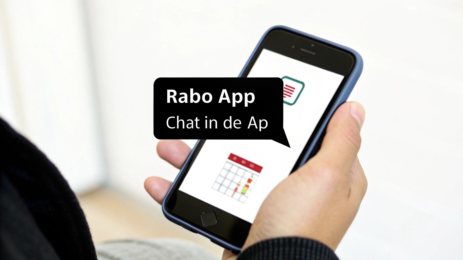 Een persoon houdt een smartphone vast met de Rabo App open, die een chatfunctie toont.