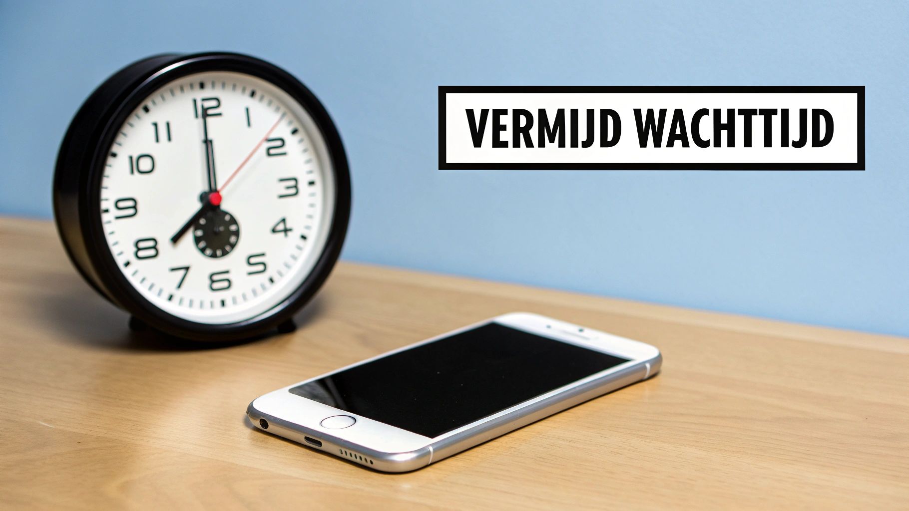 Een wekker en smartphone liggen op een houten tafel, met de boodschap 'Vermijd wachttijd' op een blauwe muur.