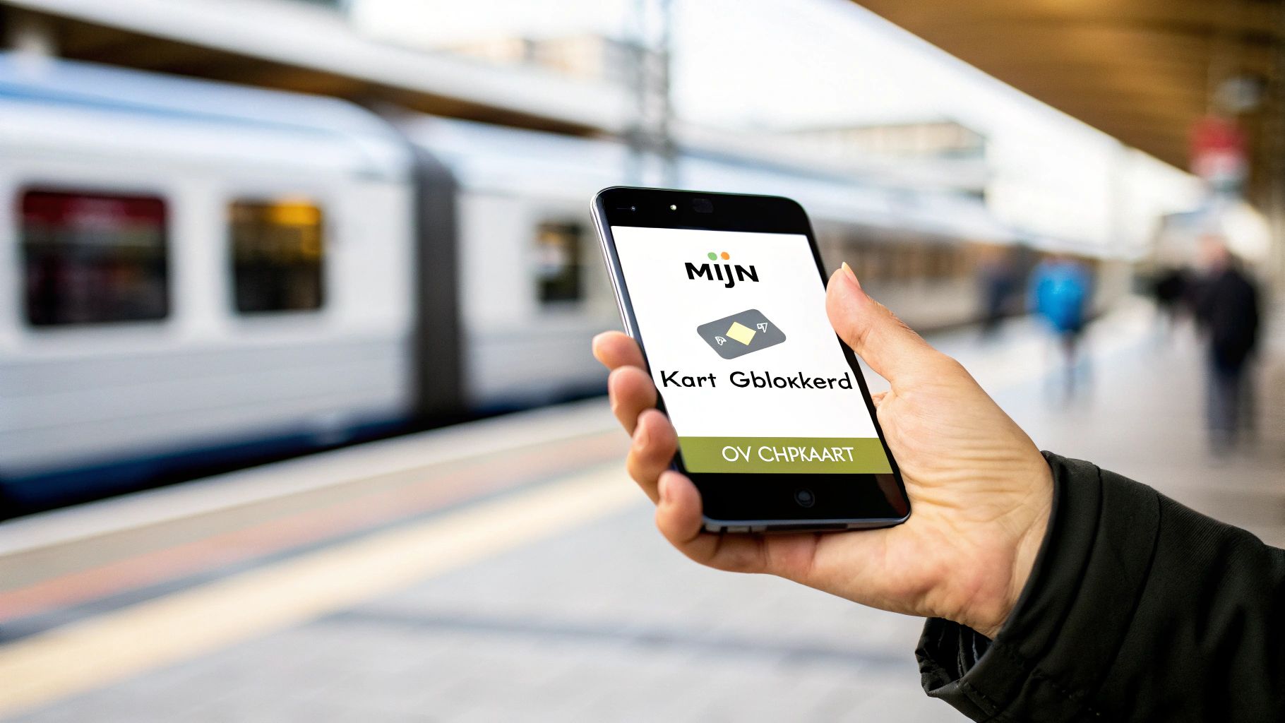 Een hand houdt een smartphone vast met de OV-chipkaart app die toont dat de kaart geblokkeerd is, op een treinstation.