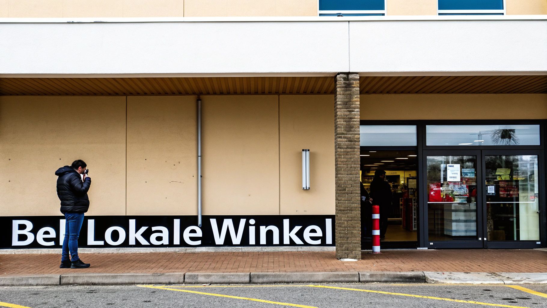 Een persoon staat voor een gebouw met een bord 'Bell Lokale Winkel' en een winkelingang.