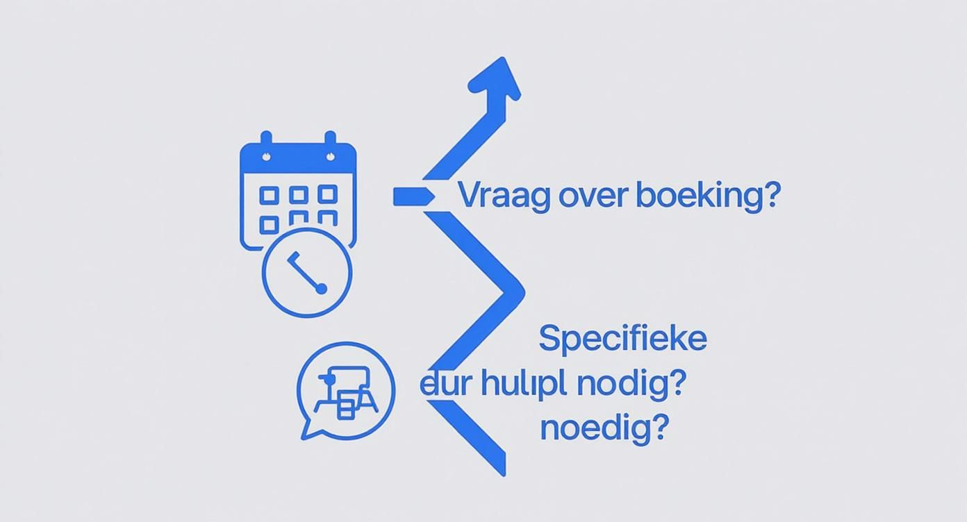 Een diagram met blauwe iconen van een kalender, klok en chat, en tekst over vragen over boeking en specifieke hulp.