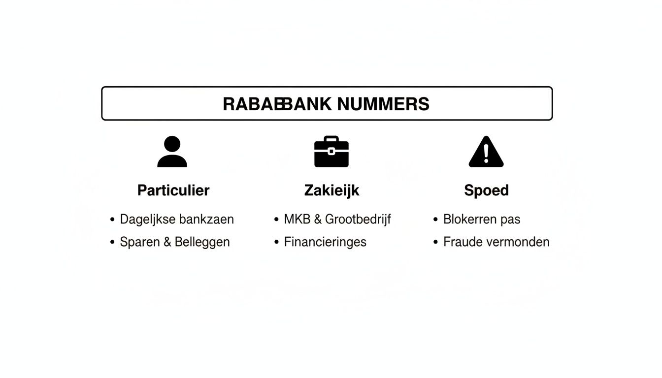 Overzicht van Rabobank contactnummers voor particuliere en zakelijke klanten en spoedgevallen, met diensten en contactonderwerpen.