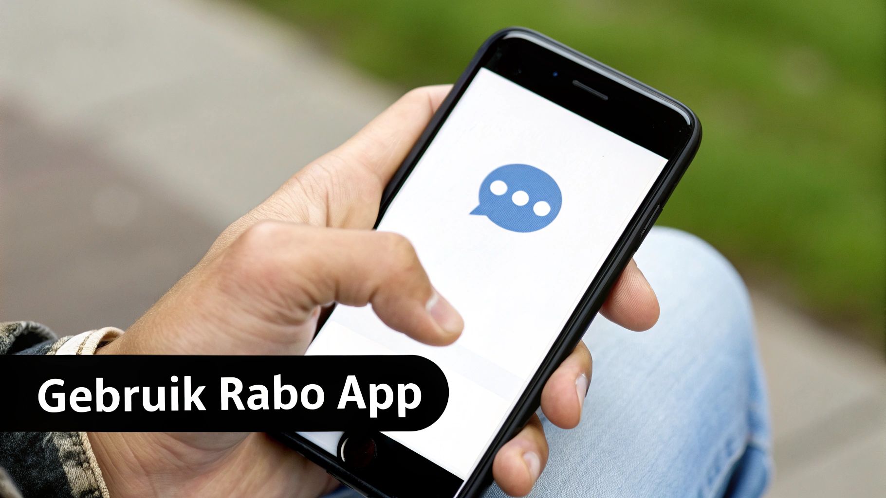 Een persoon gebruikt een smartphone met de Rabo App, waarop een blauw chat-icoon te zien is.