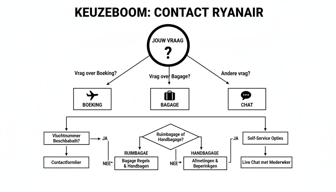 Stroomdiagram voor contact met Ryanair over boekingen, bagage en andere veelgestelde vragen.
