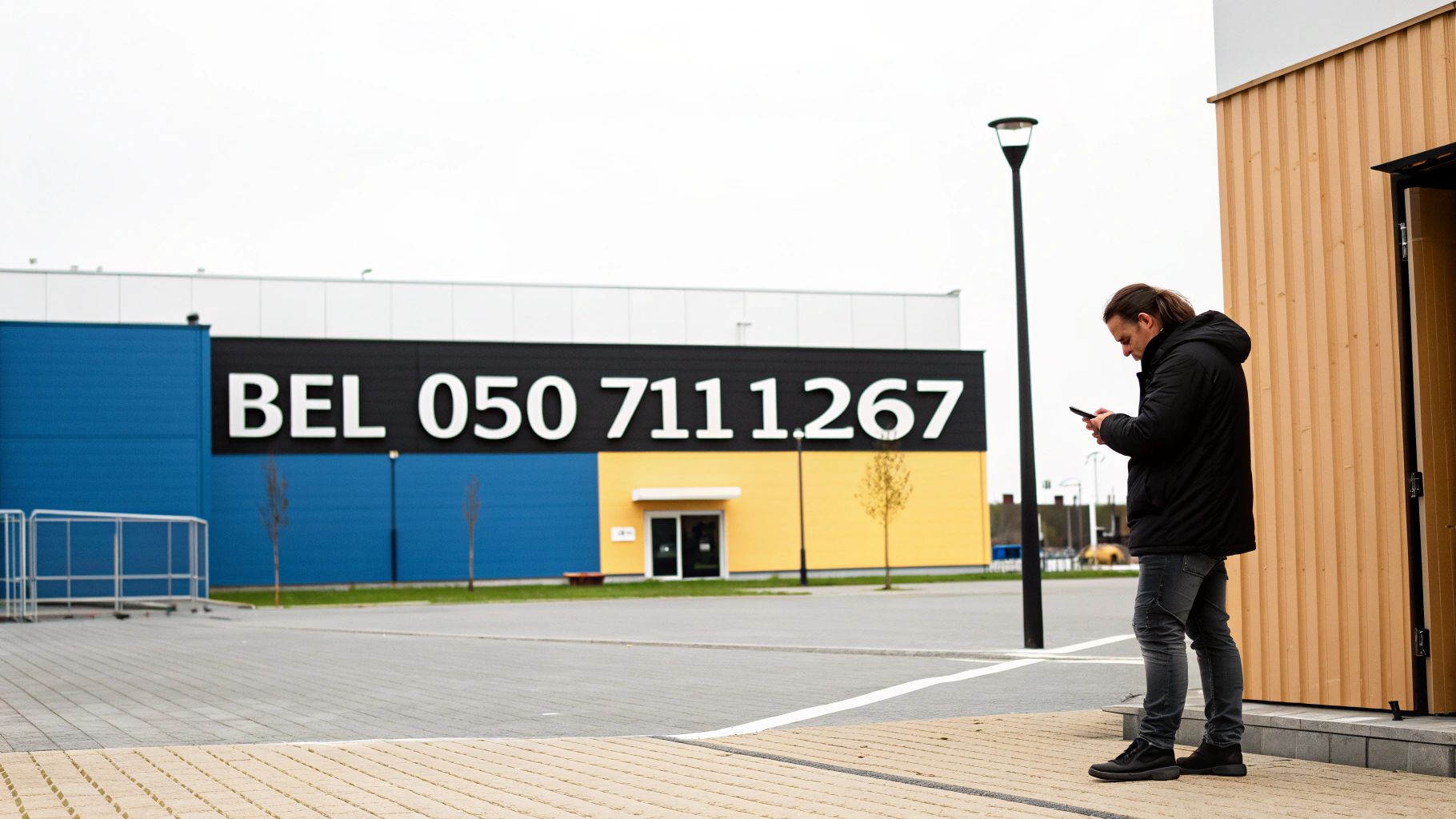 Man die zijn telefoon controleert voor een gebouw met een klantenservicenummer 'BEL 050 711 1267'.
