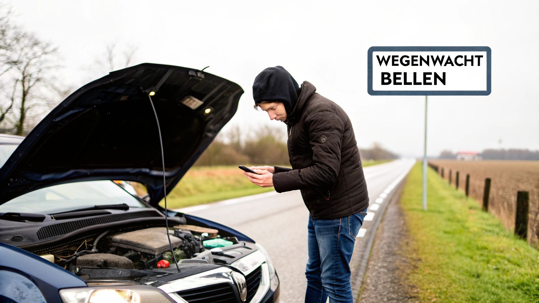 Een auto met pech langs de weg in de schemering