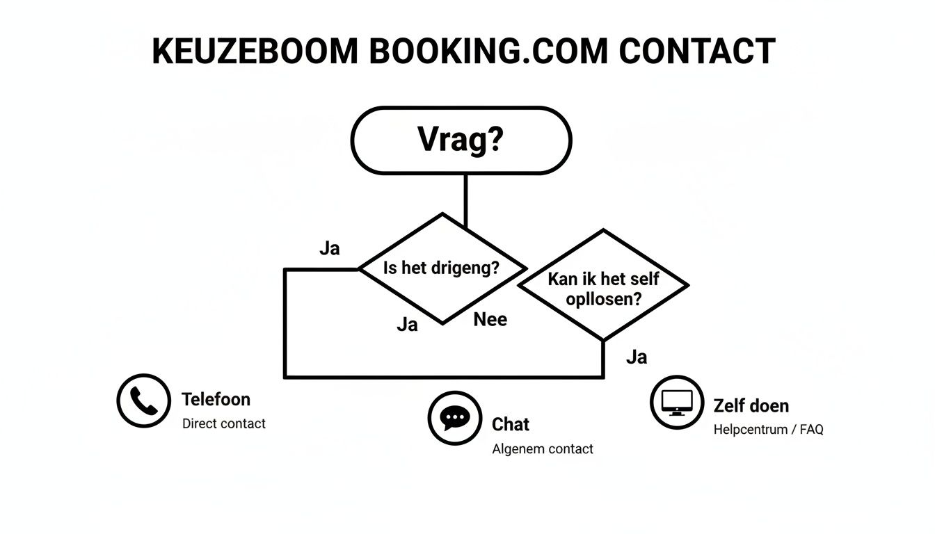 Stroomschema voor contact met Keuzeboom Booking.com, toont opties: telefoon, chat, zelf doen.