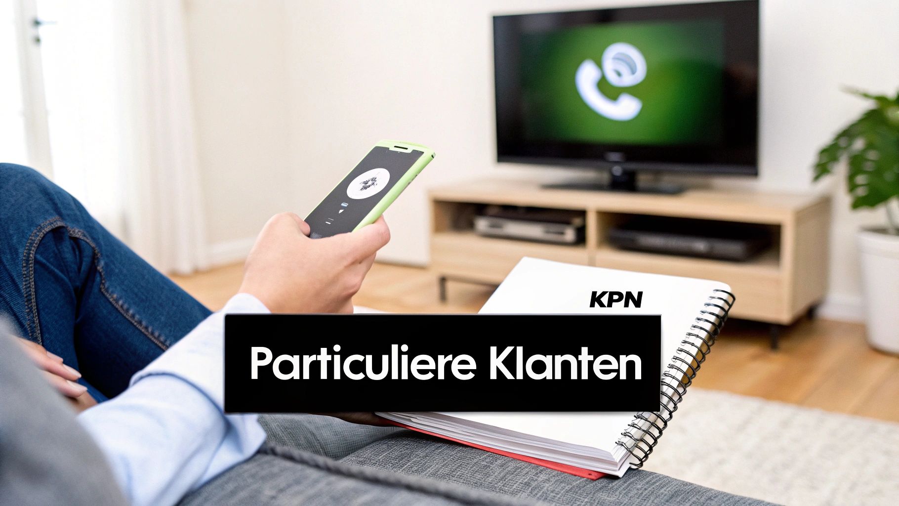 Een persoon ontspant op de bank met een smartphone en een notitieboekje van KPN, met een tv op de achtergrond.