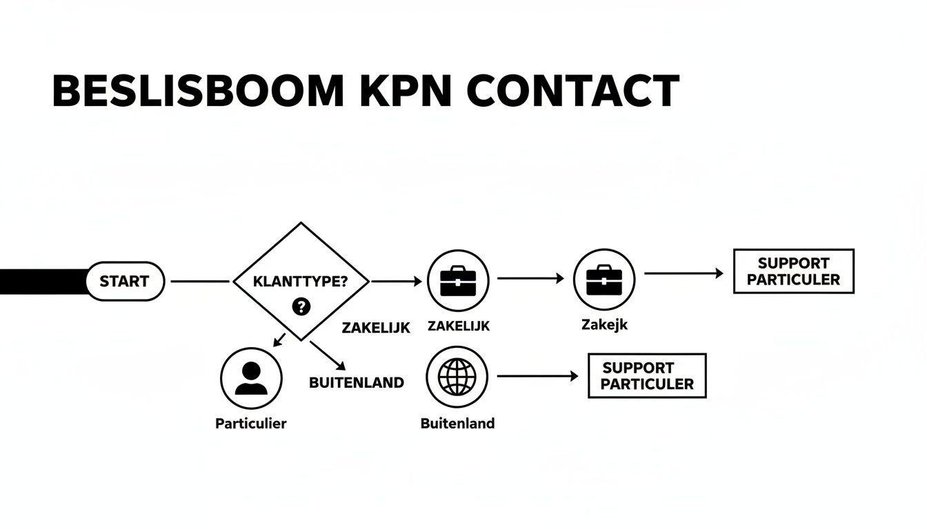 Beslisboom KPN contact flowchart toont routes voor Zakelijk, Buitenland en Particulier support.