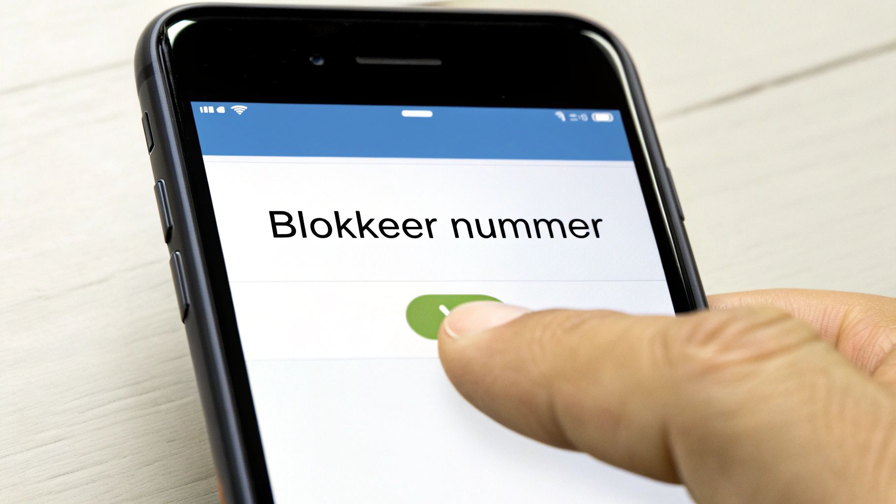 Een vinger tikt op een smartphonescherm met de tekst 'Blokkeer nummer' en een groene schakelaar.