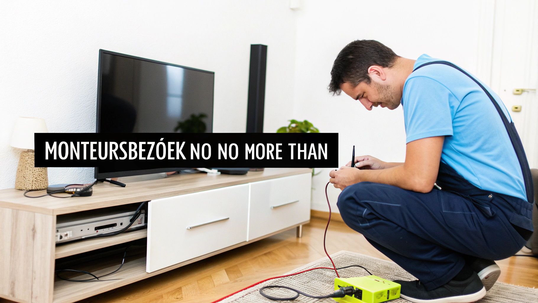 Een monteur in een blauw shirt en overall werkt aan kabels bij een tv-meubel in een woonkamer. Bovenin staat de tekst: 'MONTEURSBESZOEK NO NO MORE THAN'.
